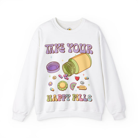 Take Your Happy Pills Cute Cartoon Inspirational Mental Health Awareness Unisex Heavy Blend Crewneck Sweatshirt